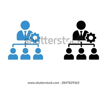 Set of two flat vector icons representing corporate hierarchy and management structure with a gear symbol indicating settings or technical administration