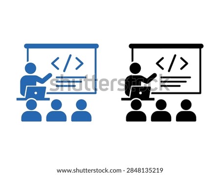 A set of two flat vector icons depicting a coding instructor teaching software development concepts to a group of students in a classroom setting