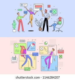 Set of two flat-style illustrations on the theme of users and interfaces