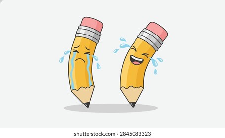 Set of two floating yellow pencil characters showing strong emotions of sadness and ecstatic laughter.
