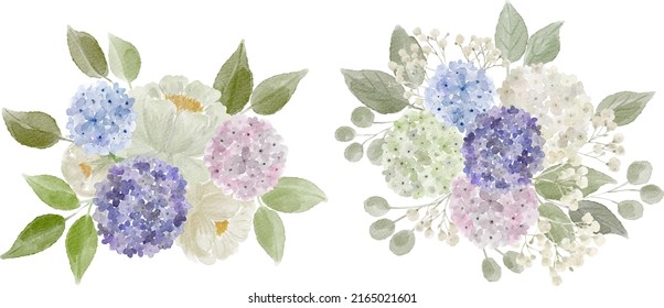 Set of two floral bouquets with hydrangea peony eucalyptus leaves and babys breath isolated on white digital watercolor painting