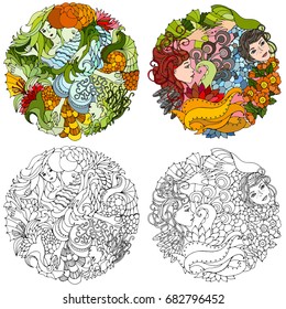 Set of two floral decorative element with surreal female faces, leaves, waves, branches and flowers. Black and white and color versions. Vector illustration for coloring pages or other.