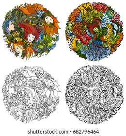 Set of two floral decorative element with surreal female faces, leaves, waves, branches and flowers. Black and white and color versions. Vector illustration for coloring pages or other.