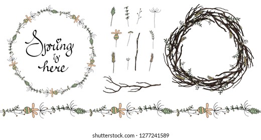 set of two floral frames for spring or easter design with floral doodles vector isolated