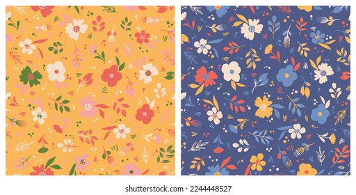 Set of two floral seamless repeat pattern. Random placed, vector flowers with leaves and dots all over surface print on yellow and blue background.