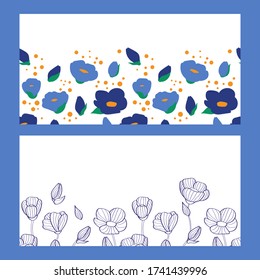 aus zwei nahtlosen Blumenvorlagen mit blauen Blumen und grünen Blättern. linearer Stil. Modernes Design für Kleidung, Verpackung, Papier, Abdeckung, Gewebe