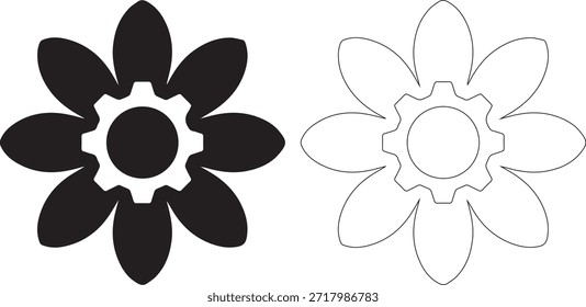 Un conjunto de dos iconos de flores, uno en negro sólido y el otro en estilo perfilado sobre un fondo blanco
