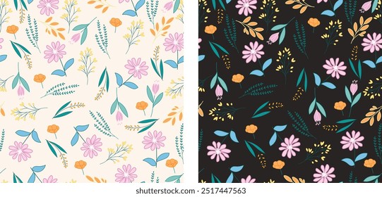 set of two flower seamless pattern, busy and small flower, florals seamless pattern vector illustration, textile fabric paper