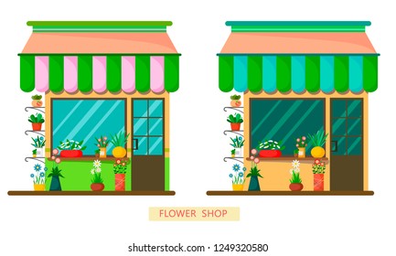 A set of two flower shops in a different color palette on a white background. Flat style illustration