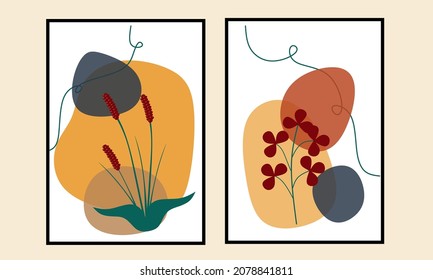 Set two of Flower wall art with organic shapes. Florals wall decor. Tropical flowers wall Decorations. Scandinavian style.