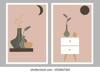 Set two of flowers and vase wall art. Neutral pastel color wall decor. Japanese and Scandinavian ( Japandi ) wall Decorations. Vector Ilustration with Minimalist design concept.