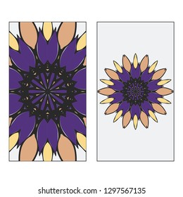 Set of two flyer pages ornament illustration concept. Art traditional, Islam, Arabic, Indian, magazine, elements with mandala. Vector greeting card or invitation layout design.