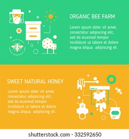 Set of two flyers for honey farm. Harvesting and gathering honey. For commercial and web. Modern linear style in bright attractive colors.