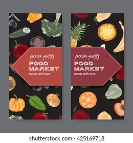 Set of two food market label templates with hand painted fruits and vegetables. Great for store and packaging design.