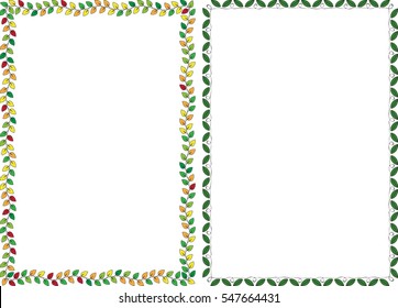 Set of two frame borders with green and varicolored leaves. A4 rectangular format size. Vector illustration.