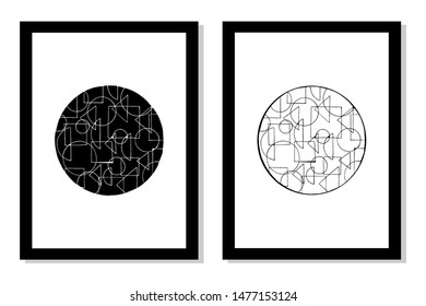 Set of two framed art prints in black and white. Beautiful and stylish composition. Abstract art posters, printed greeting cards, t-shirt design.