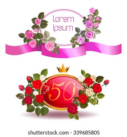 Set of two frames - male and female version. It can be used for the birthday celebration design template - the fiftieth years old jubilee. The female frame is decorated the pink roses.