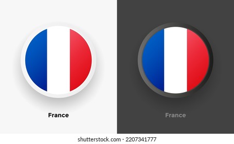 Set of two France flag buttons in black and white background. Abstract shiny metallic rounded buttons with national country flag