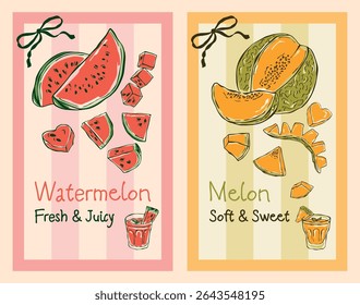 Set of two fruit labels featuring hand-drawn doodle illustrations of watermelon and melon in colorful line art style. Bright, playful, and artistic designs	