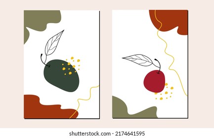 Set of two fruits wall art. Minimalist fruits wall decor. Bohemian wall decorations, poster, wallpaper, and background.