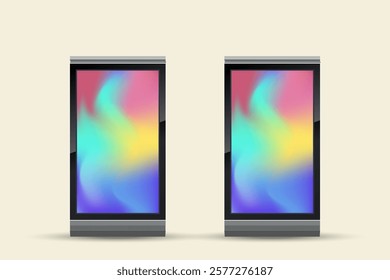 Set of two Full color P3 Outdoor Large LED Screen Mock up with black realistic stand for outdoor and two indoor street LED screen Mock up vector design. The TV LED vector, illustration.