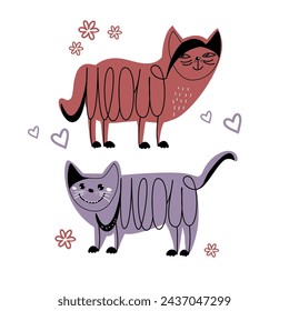 Conjunto de dos gatos divertidos con letras maullar en su cuerpo. Doodle animal doméstico, mascotas de gatito feliz - niño y niña. Podría ser utilizado para la impresión en tarjetas, camisa, etiqueta. Dibujado a mano ilustración vectorial.  