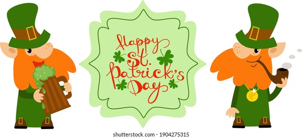 Set of two funny leprechauns in hat with hand drawn lettering Happy St. Patricks Day. Cartoon vector elements isolated on white background 
