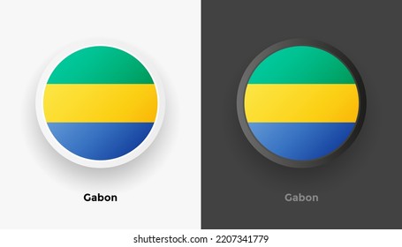 Conjunto de dos botones de la bandera de Gabón con fondo en blanco y negro. Resumen de botones brillantes redondeados metálicos con bandera nacional