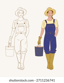 Satz von zwei Gärtnerillustrationen: eine saubere Linie Kunst und eine farbige Version. Frau im Overall, Hut, Handschuhe und Stiefel mit einem Eimer. Reinigen Sie den minimalen Umrissstil auf hellem Hintergrund.