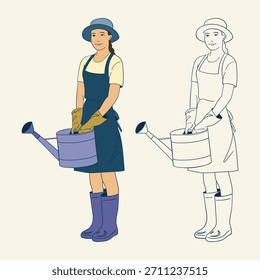 Satz von zwei Gärtnerillustrationen: eine saubere Linie Kunst und eine farbige Version. Arbeiterin in Overalls, Mütze, Handschuhen und Stiefeln, die einen Eimer halten.