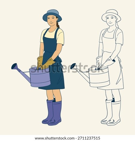 Set of two gardener illustrations: one clean line art and one colored version. Female worker in overalls, hat, gloves and boots holding a bucket.