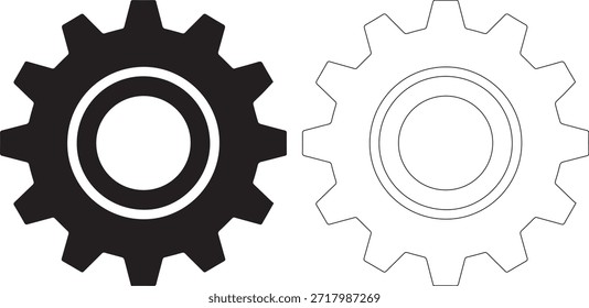 Un conjunto de dos iconos de engranajes, uno negro sólido y uno delineado en puntos negros, sobre un fondo blanco limpio para diseños industriales o mecánicos