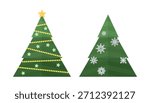 Set of two geometric Christmas trees in a simple triangular shape: one decorated with candles, beads and a star topper, the other with minimal white snowflakes. Clean flat style perfect for kids’ projects, holiday patterns, printables and festive design kits.