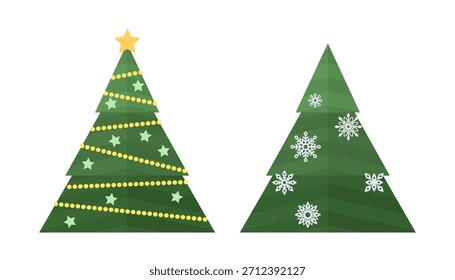 Set of two geometric Christmas trees in a simple triangular shape: one decorated with candles, beads and a star topper, the other with minimal white snowflakes. Clean flat style perfect for kids’ projects, holiday patterns, printables and festive design kits.