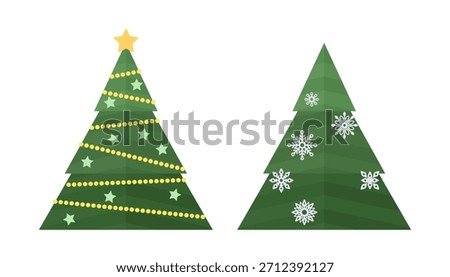 Set of two geometric Christmas trees in a simple triangular shape: one decorated with candles, beads and a star topper, the other with minimal white snowflakes. Clean flat style perfect for kids’ projects, holiday patterns, printables and festive design kits.