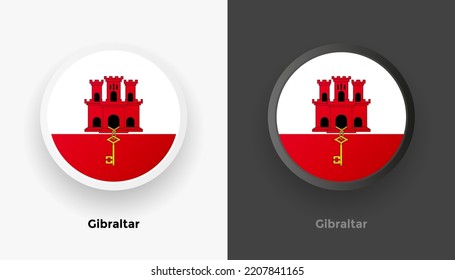 Conjunto de dos botones de la bandera de Gibraltar en fondo blanco y negro. Resumen de botones brillantes redondeados metálicos con bandera nacional