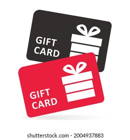 A set of two gift cards featuring a silhouette of a box with a bow. Red and black colors. Vector illustration.