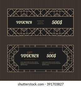 Set of two gift vouchers in Art Deco style. Gift card template. Coupon discount collection. Golden and black tickets.