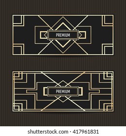 Set of two gift vouchers in Art Deco style. Gift card template. Coupon discount collection. Golden and black tickets.