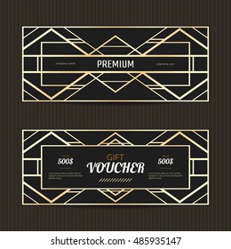 Set of two gift vouchers in Art Deco style. Gift card template. Coupon discount collection. Golden and black tickets.
