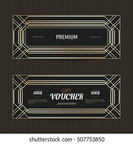 Set of two gift vouchers in Art Deco style. Gift card template. Coupon discount collection. Golden and black tickets.