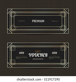 Set of two gift vouchers in Art Deco style. Gift card template. Coupon discount collection. Golden and black tickets.