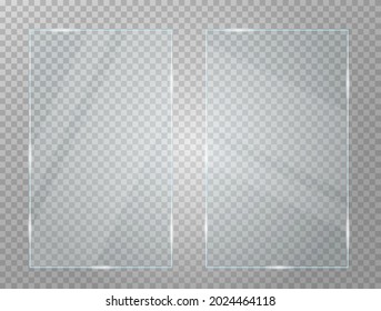 Set of two  glass plates in rectangular frame isolated on transparent background. Vector illustration. 