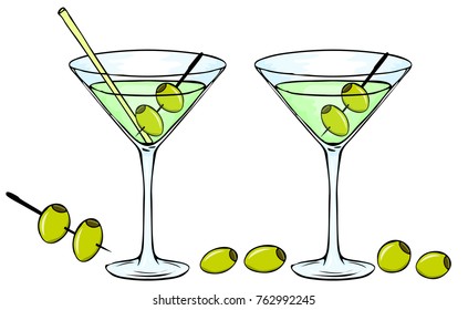 Set of two glasses of martini with a yellow straw and green olives. A glass for a martini. Alcoholic cocktail. Sketch, a menu design element for bars and restaurants. Vtor Eps 10