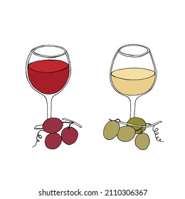 A set of two glasses with red and white wine. Wine tasting. Vector illustration in the style of doodles.