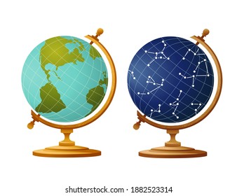 Set of two globe earth and sky constellation globe for school on wooden stand flat vector illustration on white background