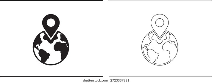 Un conjunto de dos iconos de globo, uno en negro y uno en estilo de contorno, cada uno con un pin de ubicación, aislado en el fondo blanco, diseño simple y moderno