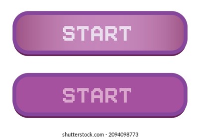 set of two glossy, purple buttons with pixelated 'START' text, one featuring a subtle top-down gradient and the other a solid color, against a white background. Vector