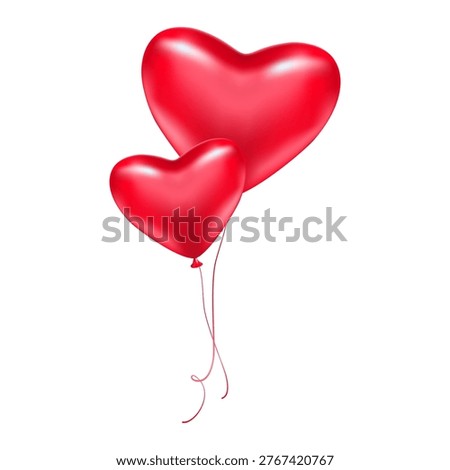 Set of two glossy red heart balloons floating together on a white background for romantic wedding and anniversary decorations