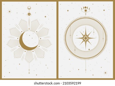 Set of two gold and beige aesthetic geometric harmonious vintage backgrounds with solar system elements. Astrology and esoterics. Mid-century style poster with thin lines, sun, star, stripes and dots.